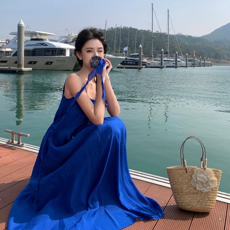 A-Line Plain Spaghetti Scoop Trim Dress Strap Neck Maxi Ruffle