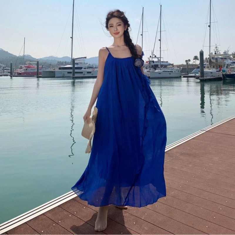 Spaghetti Scoop Trim Neck Ruffle Maxi Plain A-Line Dress Strap