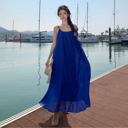 Strap Dress Trim Plain Neck Ruffle A-Line Scoop Spaghetti Maxi