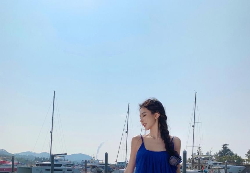 A-Line Plain Spaghetti Scoop Trim Dress Strap Neck Maxi Ruffle