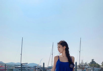 Strap Dress Trim Plain Neck Ruffle A-Line Scoop Spaghetti Maxi