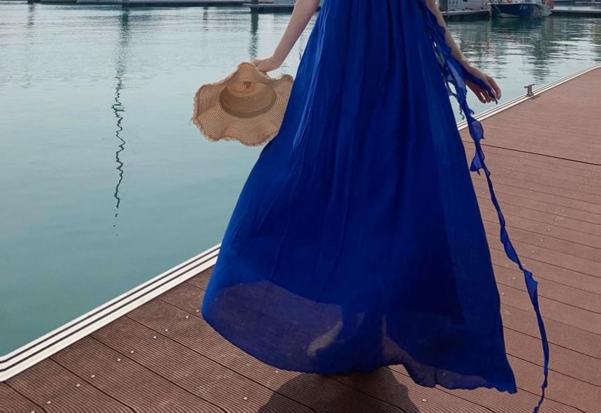 Spaghetti Scoop Trim Neck Ruffle Maxi Plain A-Line Dress Strap