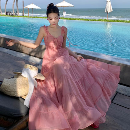 Spaghetti Strap Ruffle Trim A-Line V-Neck Maxi Plain Dress