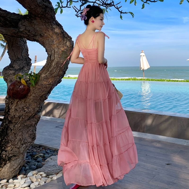 Spaghetti Strap Ruffle Trim A-Line V-Neck Maxi Plain Dress