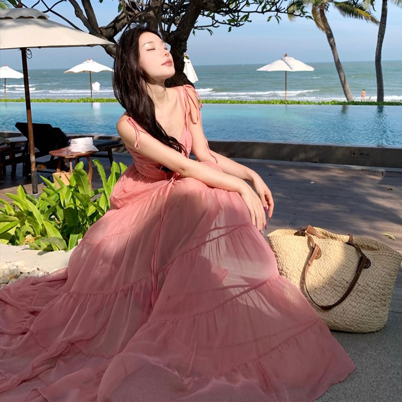 Spaghetti Strap Ruffle Trim A-Line V-Neck Maxi Plain Dress