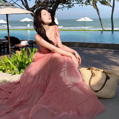 Spaghetti Strap Ruffle Trim A-Line V-Neck Maxi Plain Dress