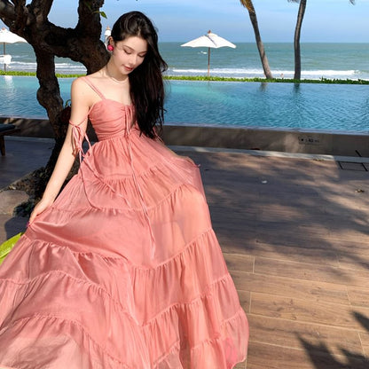 Spaghetti Strap Ruffle Trim A-Line V-Neck Maxi Plain Dress