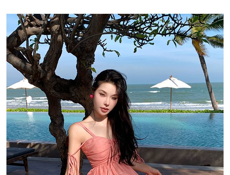 Spaghetti Strap Ruffle Trim A-Line V-Neck Maxi Plain Dress