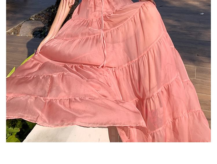 Spaghetti Strap Ruffle Trim A-Line V-Neck Maxi Plain Dress