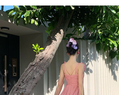 Spaghetti Strap Ruffle Trim A-Line V-Neck Maxi Plain Dress