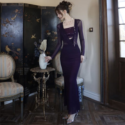 Sequined Cowl Plain Panel Dress Sleeve Maxi Long Neck Bodycon