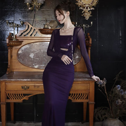 Long Plain Dress Sleeve Bodycon Maxi Panel Sequined Neck Cowl