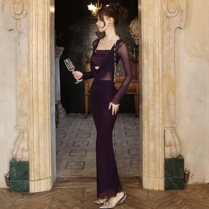 Long Plain Dress Sleeve Bodycon Maxi Panel Sequined Neck Cowl