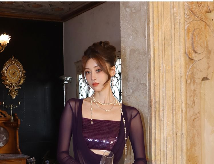 Neck Dress Sleeve Long Cowl Plain Panel Sequined Bodycon Maxi