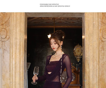 Long Plain Dress Sleeve Bodycon Maxi Panel Sequined Neck Cowl