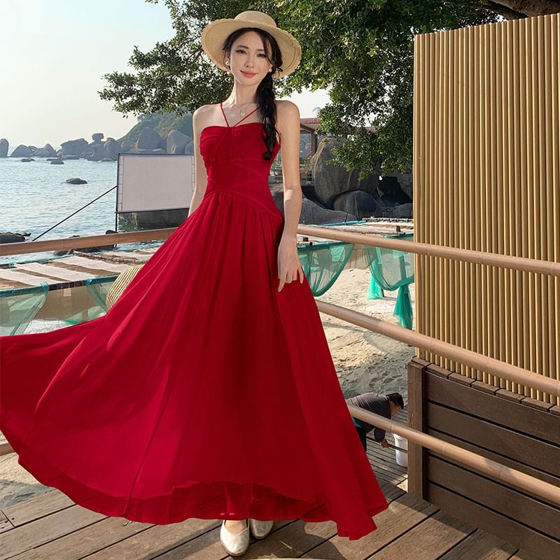 Plain Ruched Maxi Spaghetti Strap Dress A-Line