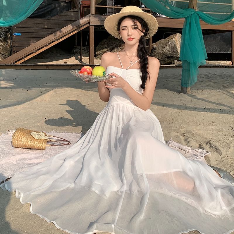 Plain Ruched Maxi Spaghetti Strap Dress A-Line