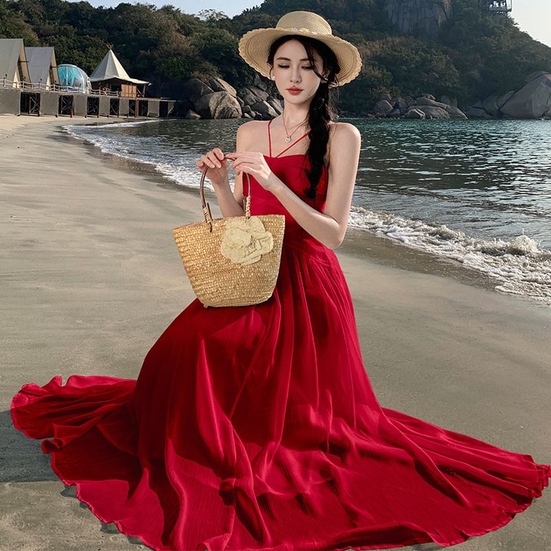 Plain Ruched Maxi Spaghetti Strap Dress A-Line