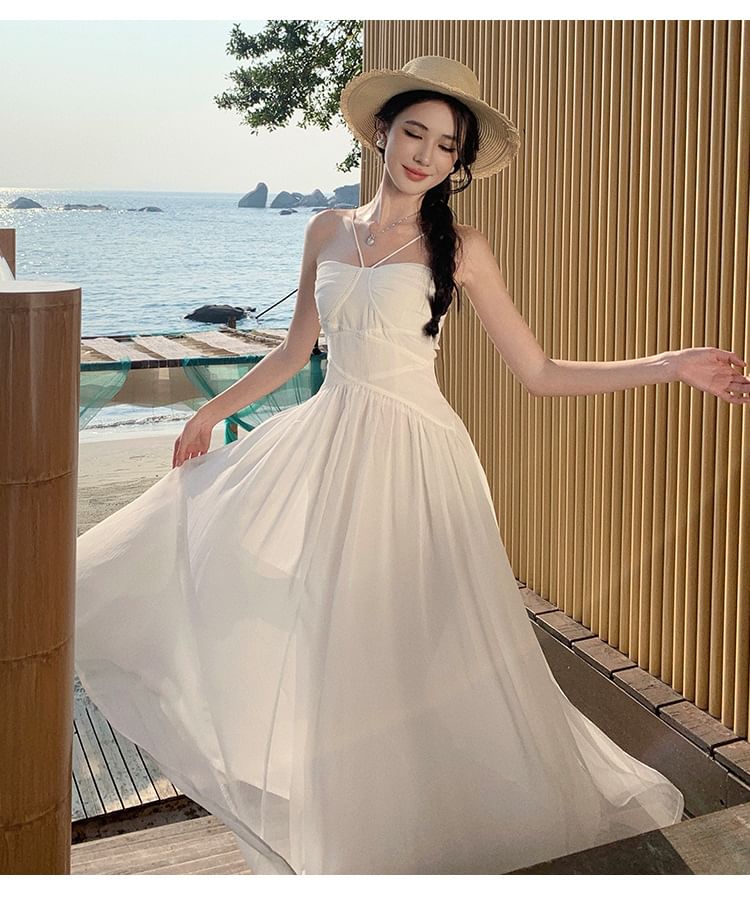 Plain Ruched Maxi Spaghetti Strap Dress A-Line