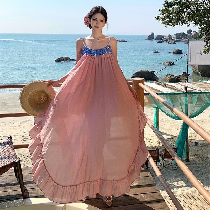 Maxi Panel Ruffle Strap Dress Spaghetti Hem Sequined A-Line