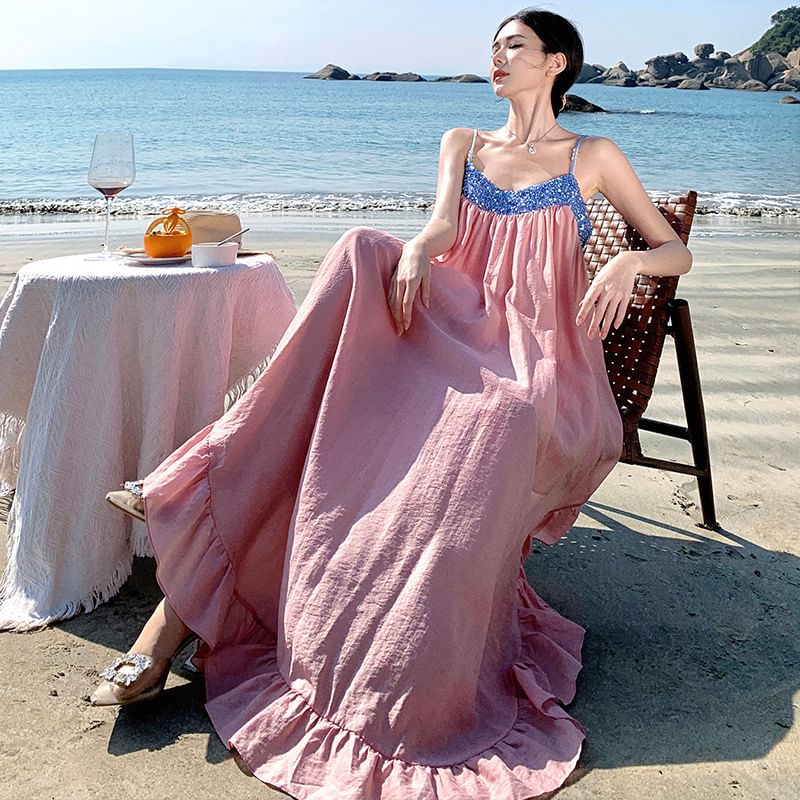 Maxi Panel Ruffle Strap Dress Spaghetti Hem Sequined A-Line