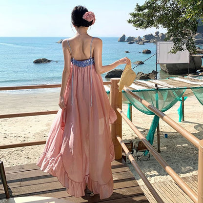 Maxi Panel Ruffle Strap Dress Spaghetti Hem Sequined A-Line