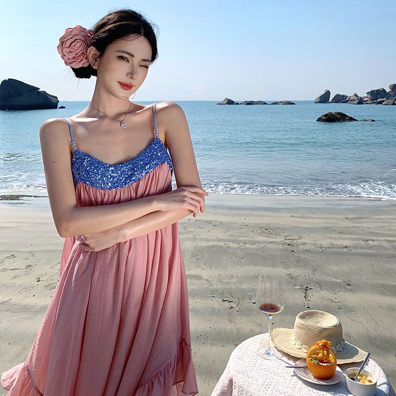 Maxi Panel Ruffle Strap Dress Spaghetti Hem Sequined A-Line