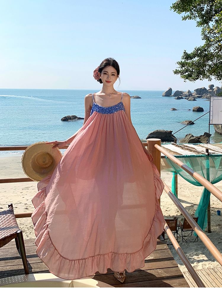 Maxi Panel Ruffle Strap Dress Spaghetti Hem Sequined A-Line