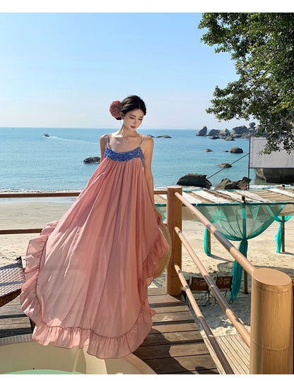 Maxi Panel Ruffle Strap Dress Spaghetti Hem Sequined A-Line