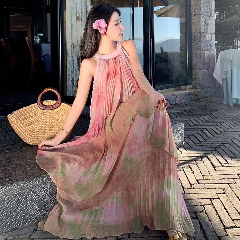 Dye Dress Neck Pleated A-Line Tie Maxi Sleeveless Crew