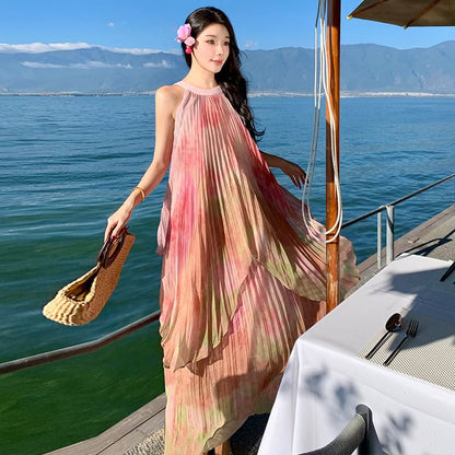 Dye Dress Neck Pleated A-Line Tie Maxi Sleeveless Crew