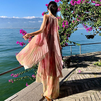 Crew Tie Sleeveless Maxi Neck Dress A-Line Dye Pleated