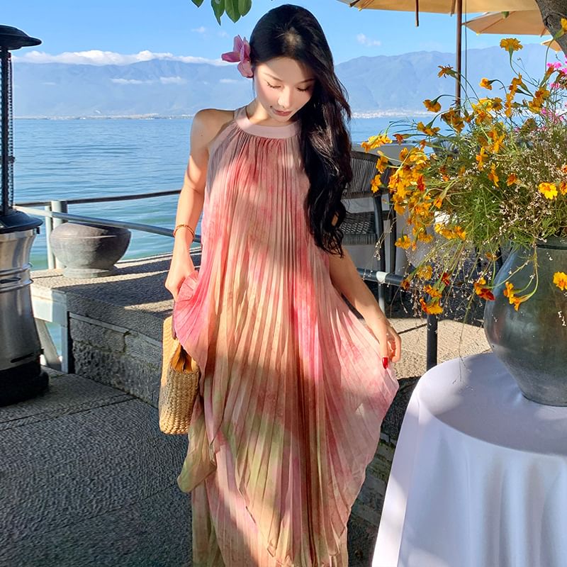 Dress Pleated Crew A-Line Tie Sleeveless Neck Maxi Dye