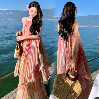 Dye Dress Neck Pleated A-Line Tie Maxi Sleeveless Crew