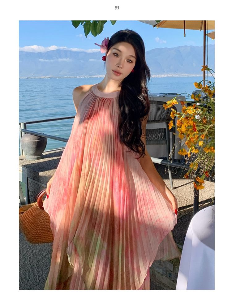 Crew Tie Sleeveless Maxi Neck Dress A-Line Dye Pleated