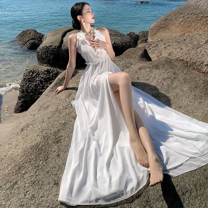 Dress V-Neck Slit Sleeveless Maxi Plain A-Line