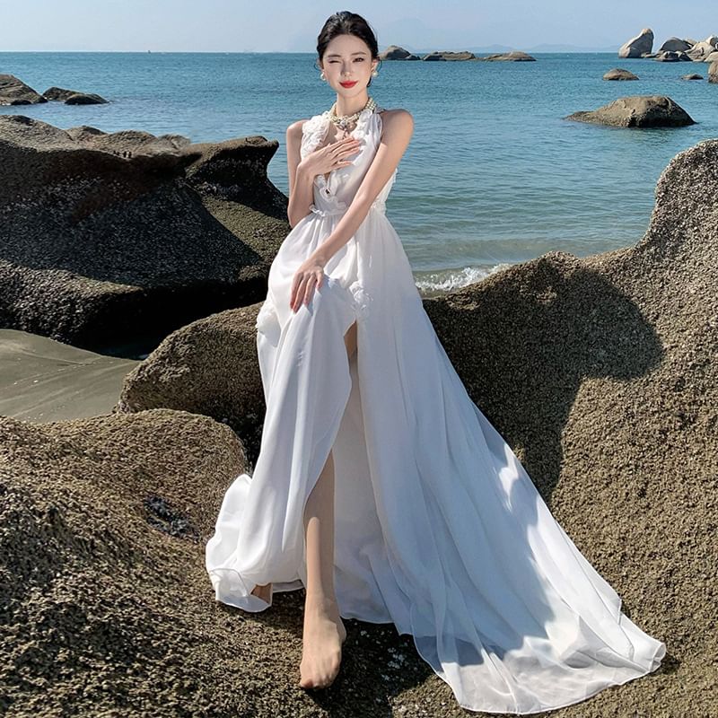 Dress V-Neck Slit Sleeveless Maxi Plain A-Line