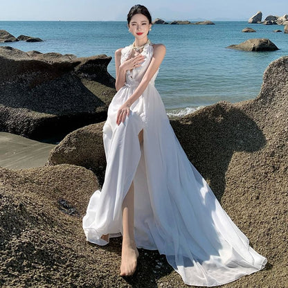 Dress V-Neck Slit Sleeveless Maxi Plain A-Line