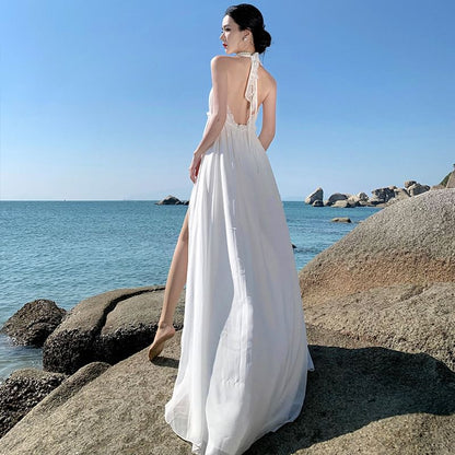 Dress V-Neck Slit Sleeveless Maxi Plain A-Line