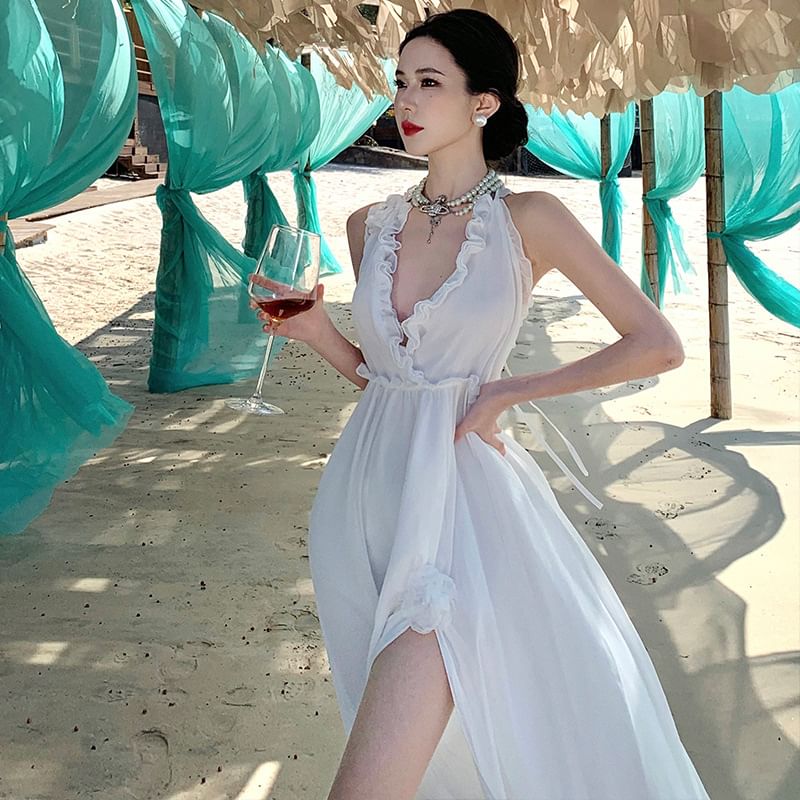 Slit Maxi Dress V-Neck A-Line Plain Sleeveless