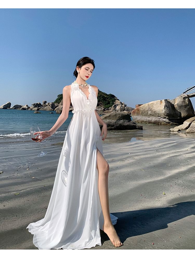 Dress V-Neck Slit Sleeveless Maxi Plain A-Line