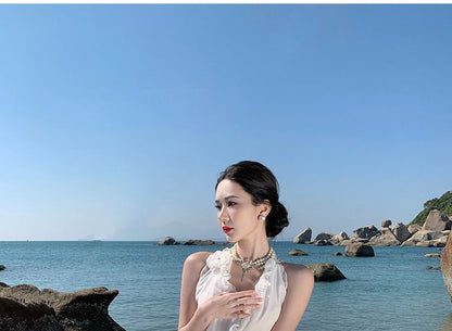 Dress V-Neck Slit Sleeveless Maxi Plain A-Line