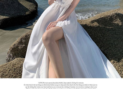 Dress V-Neck Slit Sleeveless Maxi Plain A-Line