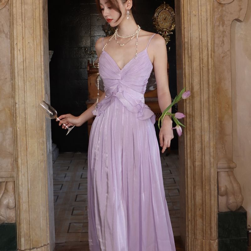Spaghetti Maxi Strap Trim V-Neck Ruffle Plain A-Line Dress