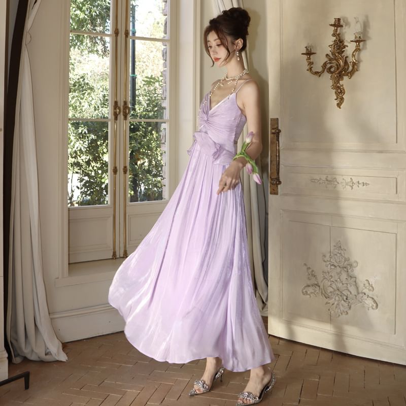 A-Line Trim Maxi V-Neck Plain Ruffle Dress Strap Spaghetti