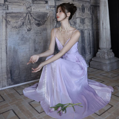 Spaghetti Maxi Strap Trim V-Neck Ruffle Plain A-Line Dress