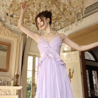 Spaghetti Maxi Strap Trim V-Neck Ruffle Plain A-Line Dress