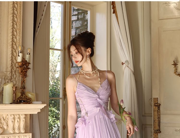 A-Line Trim Maxi V-Neck Plain Ruffle Dress Strap Spaghetti