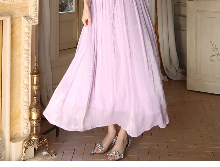 A-Line Trim Maxi V-Neck Plain Ruffle Dress Strap Spaghetti