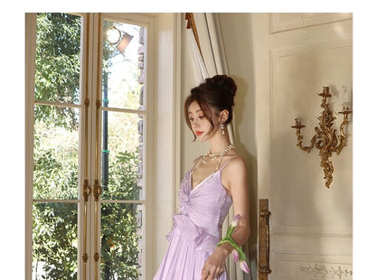 A-Line Trim Maxi V-Neck Plain Ruffle Dress Strap Spaghetti